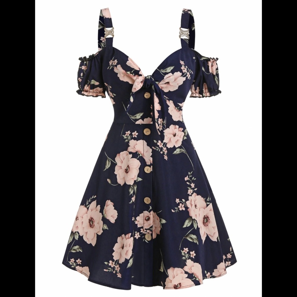 Floral Print Bowknot Cold Shoulder Dress